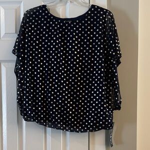 Sara Michelle Navy and Gold Polka Dot Blouse. NWT